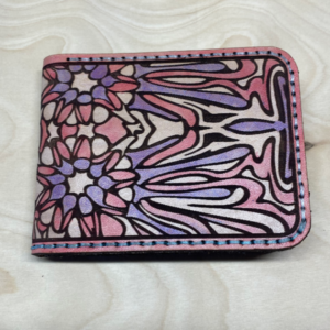 leather wallet with trippy pink and purple flower print custom made laser cut