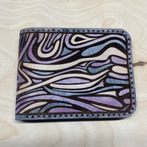 leather wallet with trippy pink and purple waves print custom made laser cut